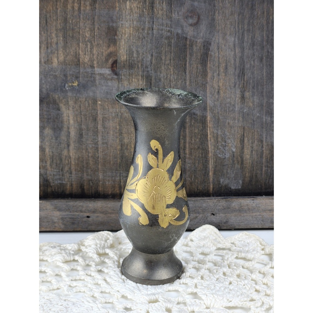 Vintage Etched Brass Mini Bud Vase Dark Patina Gold Floral Design 4 Inch